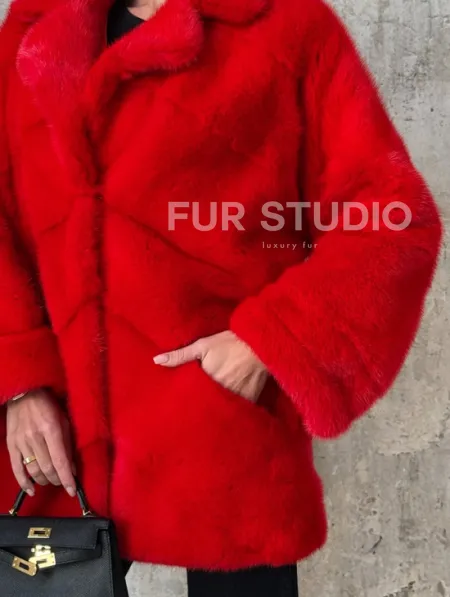 Красный полушубок из натурального меха норки - фото 1