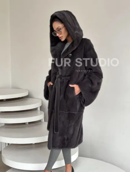 Зимняя норковая шуба с капюшоном - цвет графит - фото 6