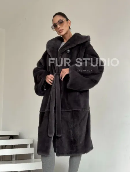 Зимняя норковая шуба с капюшоном - цвет графит - фото 5