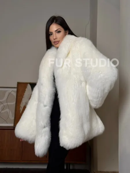 Белая шуба из меха лисы - воротник шаль - фото 0