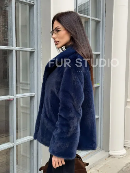 Синий норковый полушубок с английским воротником - фото 5