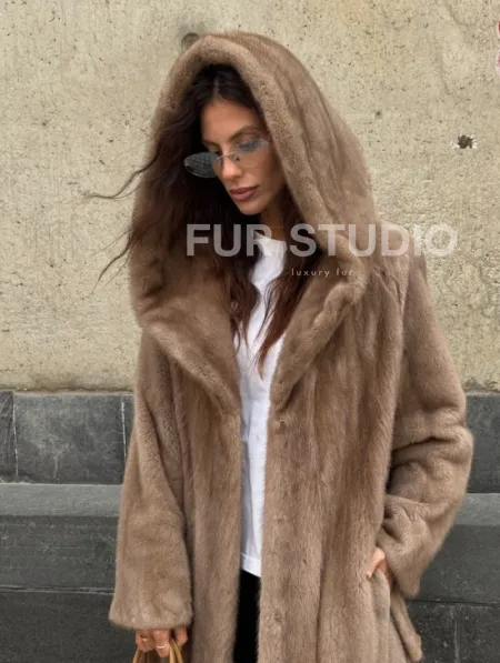 Длинная норковая шуба Pastel с капюшоном кобра - фото 5