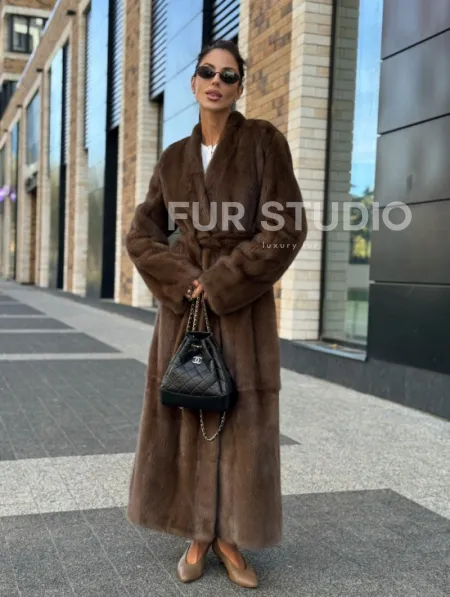 Длинное норковое пальто - шуба в цвете соболь - фото 12