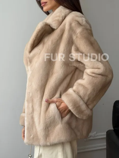 Норковый полушубок в натуральном цвете пастель - фото 3