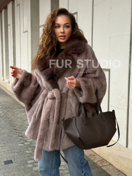 Норковая шуба летучка - воротник куница - фото 10