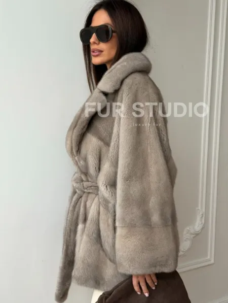 Норковый полушубок в натуральном цвете Silver - фото 6