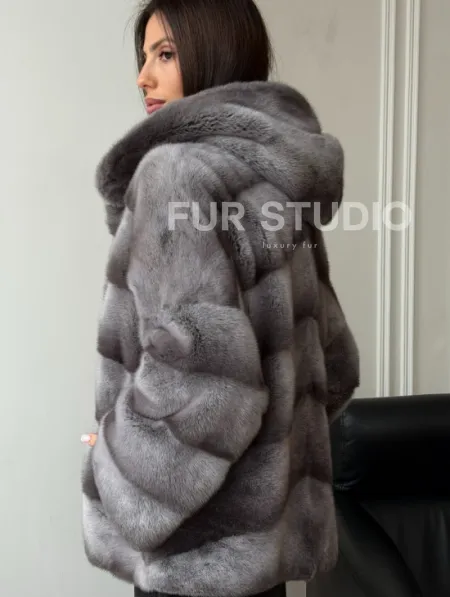 Норковый полушубок с капюшоном - цвет Platinum - фото 6