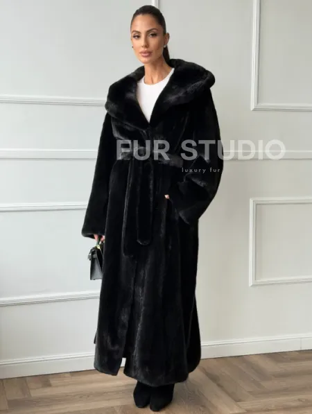 Чёрная норковая шуба модель «кимоно» с капюшоном кобра - фото 0