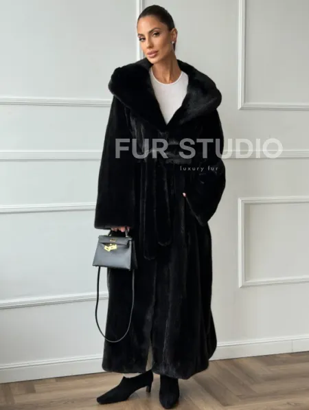 Чёрная норковая шуба модель «кимоно» с капюшоном кобра - фото 6