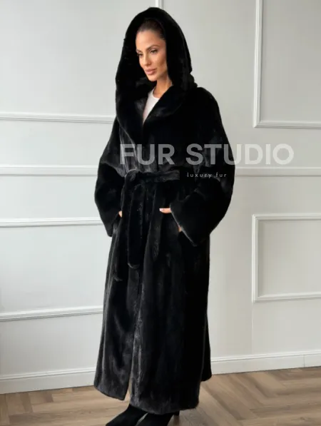 Чёрная норковая шуба модель «кимоно» с капюшоном кобра - фото 7