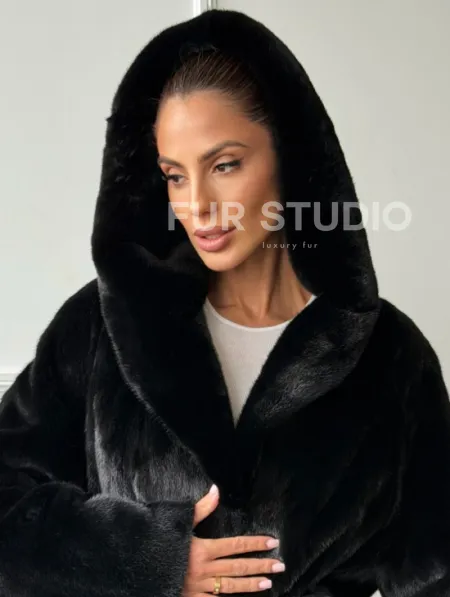 Чёрная норковая шуба модель «кимоно» с капюшоном кобра - фото 5