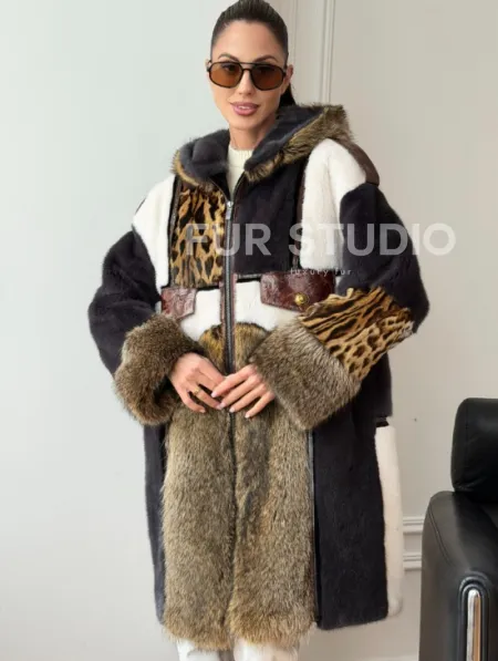 Комбинированная норковая шуба с капюшоном - фото 8