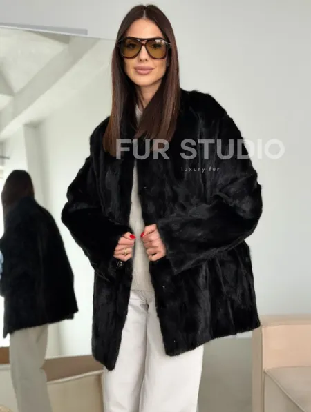 Шуба норковая из кусочков в стиле оверсайз - фото 0
