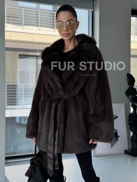 Норковое автоледи с воротником из куницы - фото 0