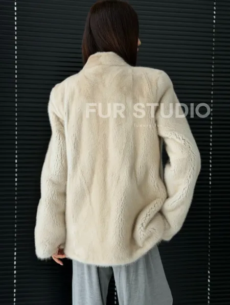 Светлый норковый жакет V-образный воротник - фото 6