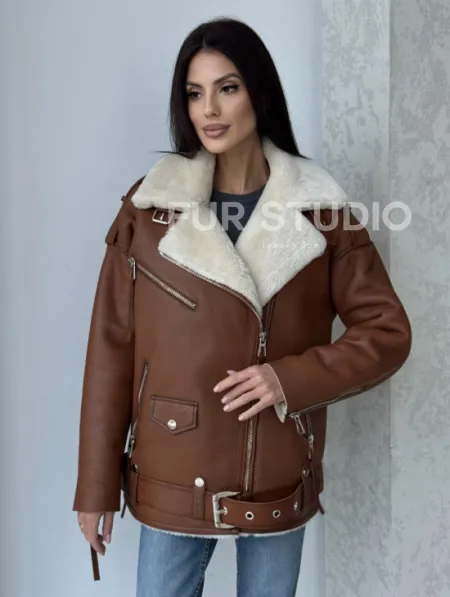 Дубленка авиатор из натуральной кожи в цвете виски - фото 8