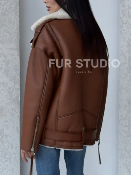 Дубленка авиатор из натуральной кожи в цвете виски - фото 4