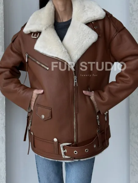 Дубленка авиатор из натуральной кожи в цвете виски - фото 3