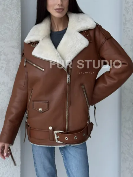 Дубленка авиатор из натуральной кожи в цвете виски - фото 6