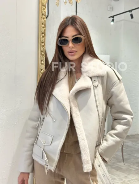 Дубленка-авиатор из натуральной овчины со шнуровкой - фото 1