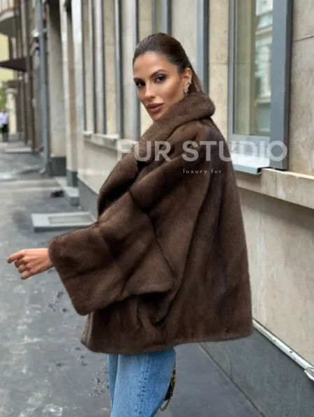 Норковый полушубок с английским воротником - цвет орех - фото 7