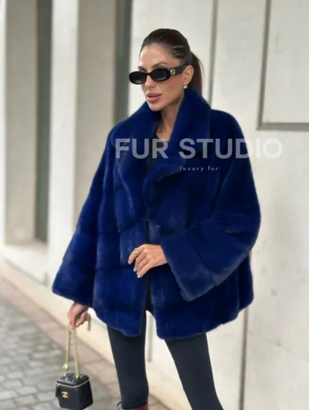Норковая велюровая шуба  - автоледи в синем цвете - фото 1