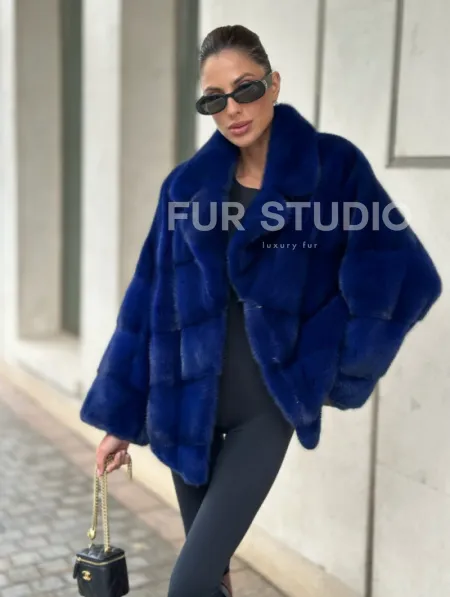 Норковая велюровая шуба  - автоледи в синем цвете - фото 0