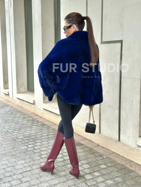 Норковая велюровая шуба  - автоледи в синем цвете - фото 6