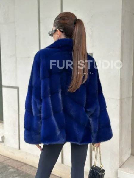 Норковая велюровая шуба  - автоледи в синем цвете - фото 2