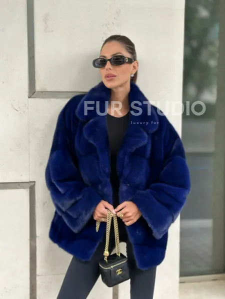 Норковая велюровая шуба  - автоледи в синем цвете - фото 3