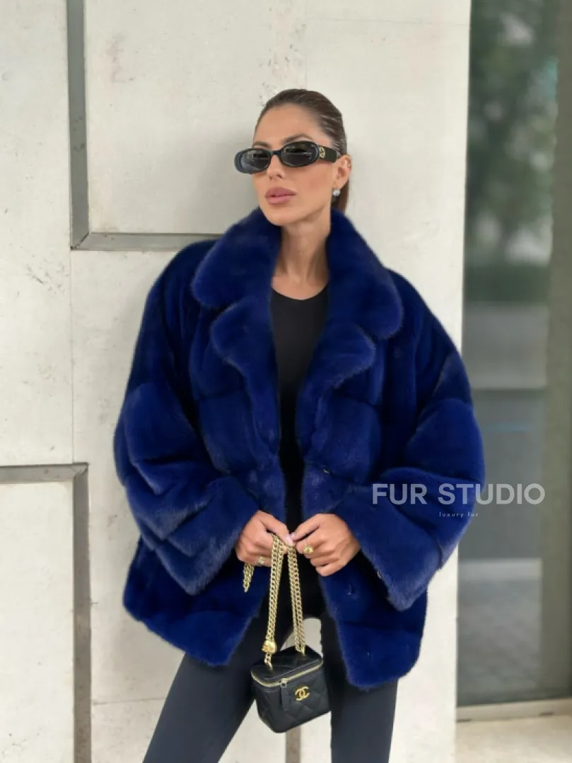 Норковая велюровая шуба  - автоледи в синем цвете - фото 3