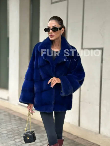 Норковая велюровая шуба  - автоледи в синем цвете - фото 5