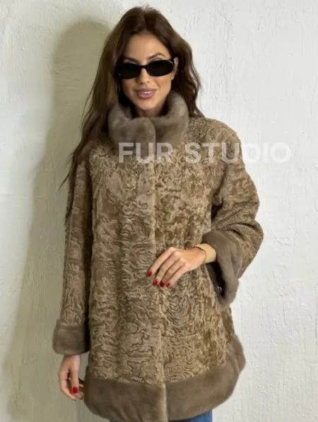 Каракульча стойка воротник отделка норка - пастель - фото 0