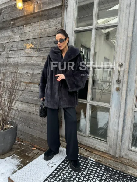 Шуба норковая с капюшоном - цвет графит - фото 10