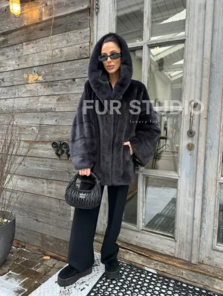 Шуба норковая с капюшоном - цвет графит - фото 9