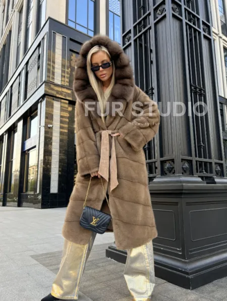 Пастель норковая шуба из меха NAFA капюшон куница - фото 0