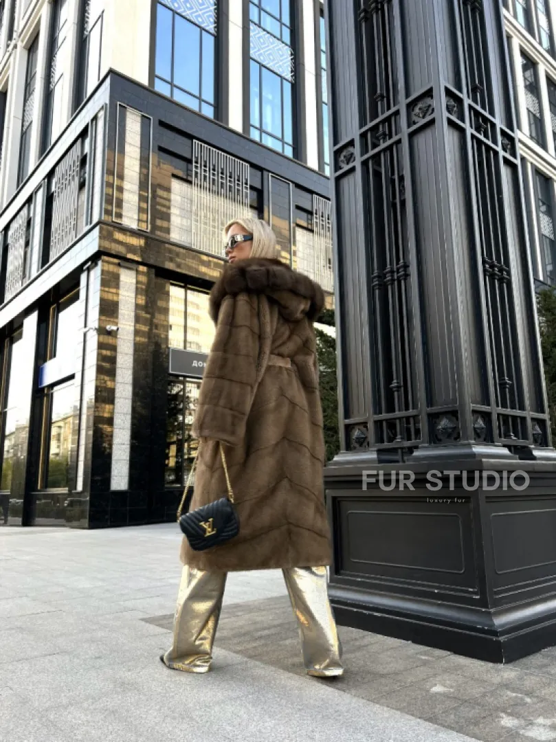 Пастель норковая шуба из меха NAFA капюшон куница - фото 3