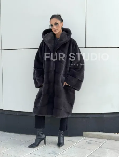 Норковая шуба паркет с капюшоном - цвет блю ирис - фото 11