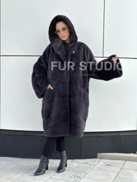 Норковая шуба паркет с капюшоном - цвет блю ирис - фото 6
