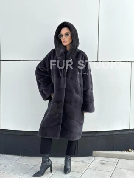 Норковая шуба паркет с капюшоном - цвет блю ирис - фото 12