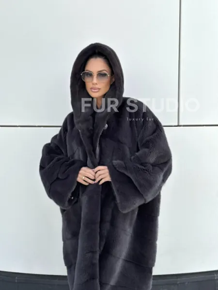 Норковая шуба паркет с капюшоном - цвет блю ирис - фото 8