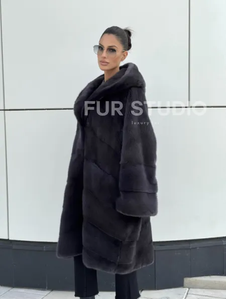 Норковая шуба паркет с капюшоном - цвет блю ирис - фото 4