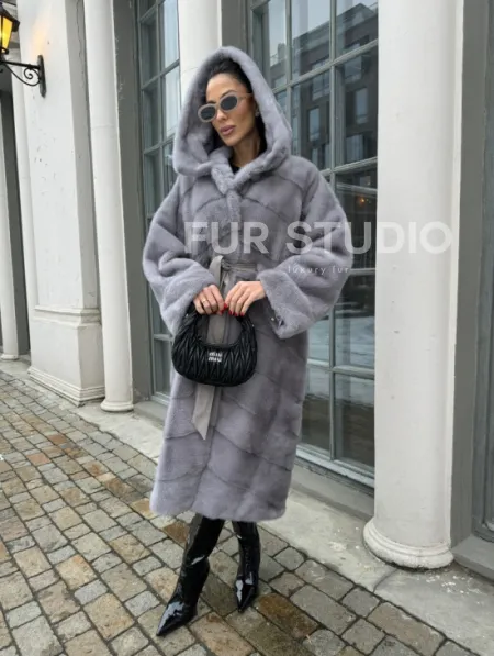 Норка кимоно паркет с капюшоном - цвет серый сапфир - фото 1