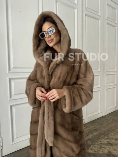 Норковое кимоно с капюшоном в цвете пастель - фото 1