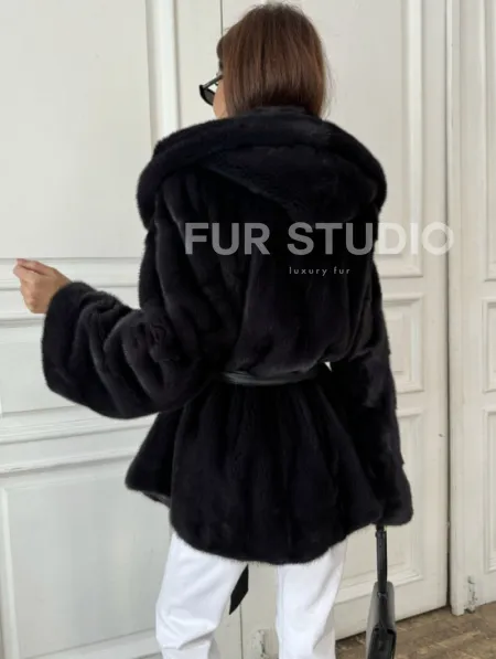 Норковый жакет с капюшоном, роспуск - цвет графит - фото 2