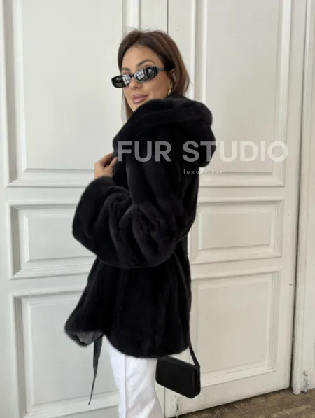 Норковый жакет с капюшоном, роспуск - цвет графит - фото 4