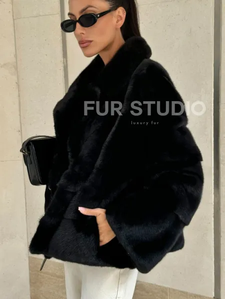 Полушубок из черной норки премиум аукциона - английский воротник - фото 1