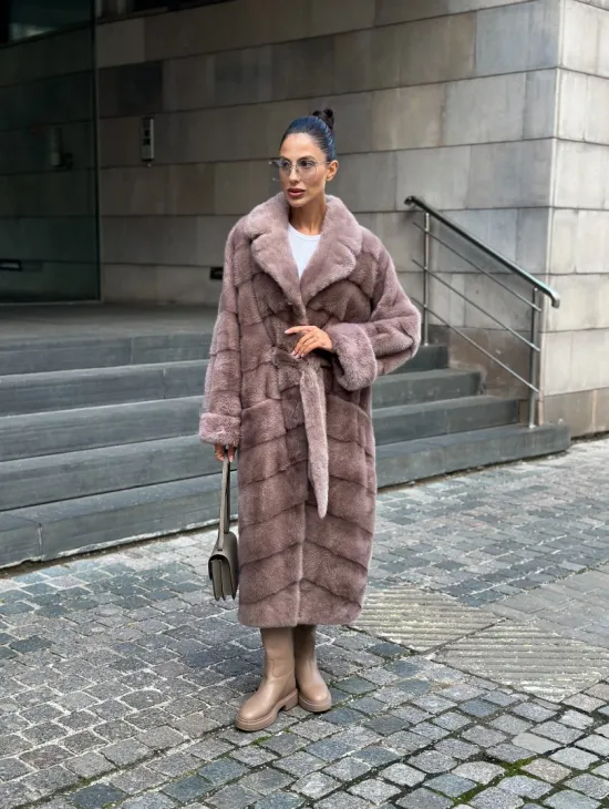 Шуба из меха норки с английским воротником - цвет пыльная роза - фото 8