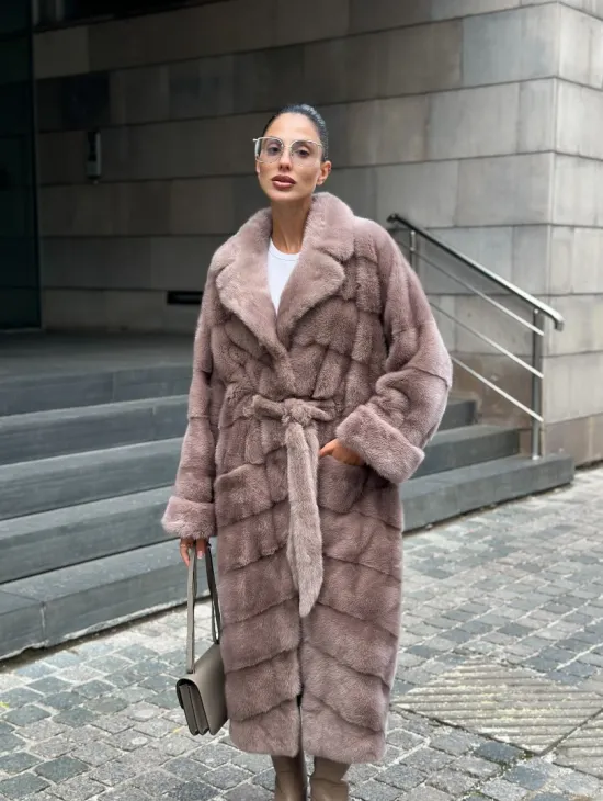 Шуба из меха норки с английским воротником - цвет пыльная роза - фото 4