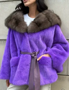 Шуба из норки Violet с капюшоном из меха куницы - фото 4